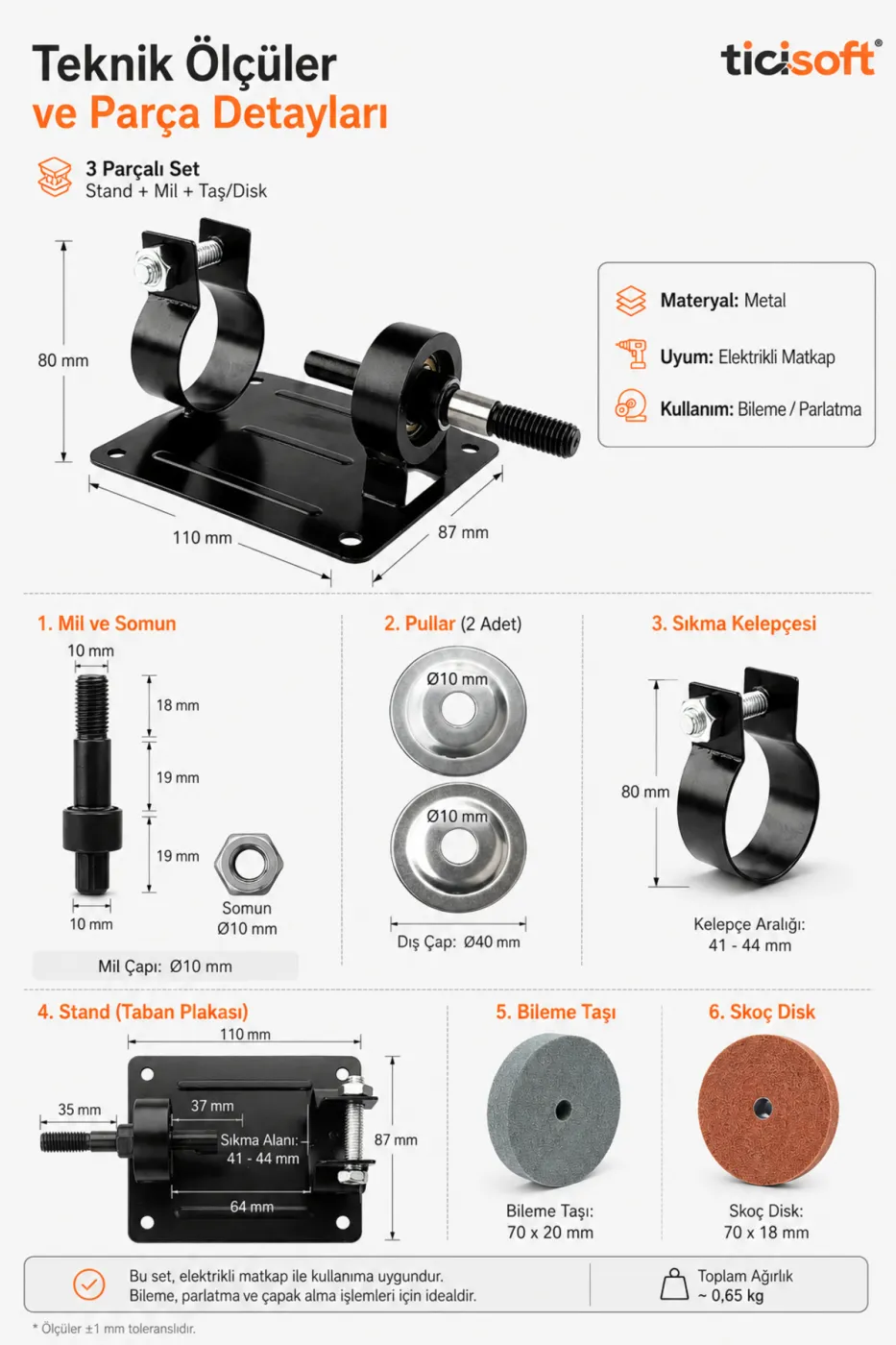 Elektrikli Matkap Uyumlu Sabit Bileme Stand Skoç Disk ve Bileme Taşı Seti 3 Parça