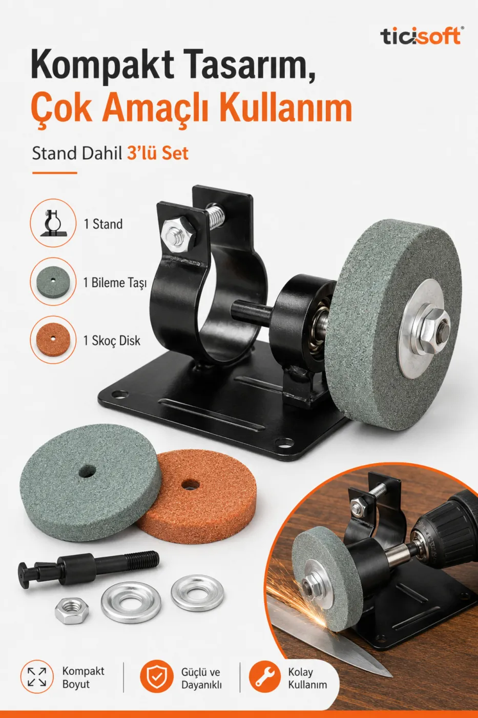 Elektrikli Matkap Uyumlu Sabit Bileme Stand Skoç Disk ve Bileme Taşı Seti 3 Parça