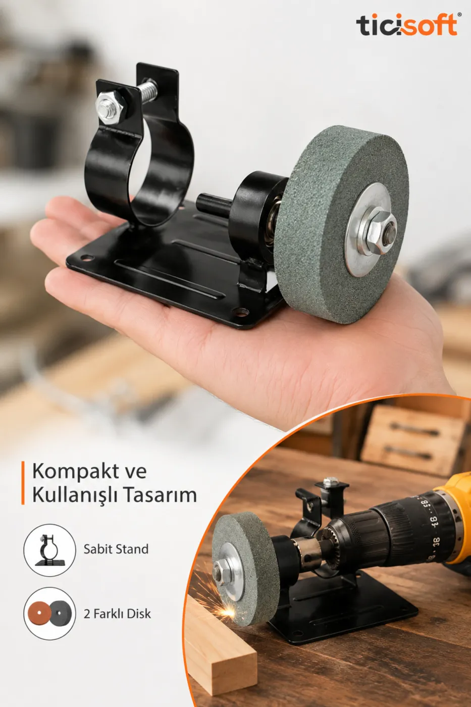 Elektrikli Matkap Uyumlu Sabit Bileme Stand Skoç Disk ve Bileme Taşı Seti 3 Parça