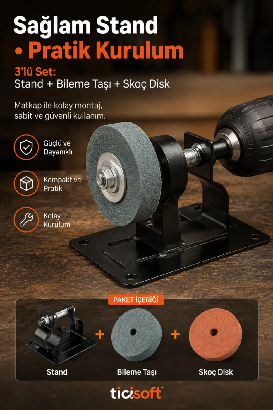 Elektrikli Matkap Uyumlu Sabit Bileme Stand Skoç Disk ve Bileme Taşı Seti 3 Parça