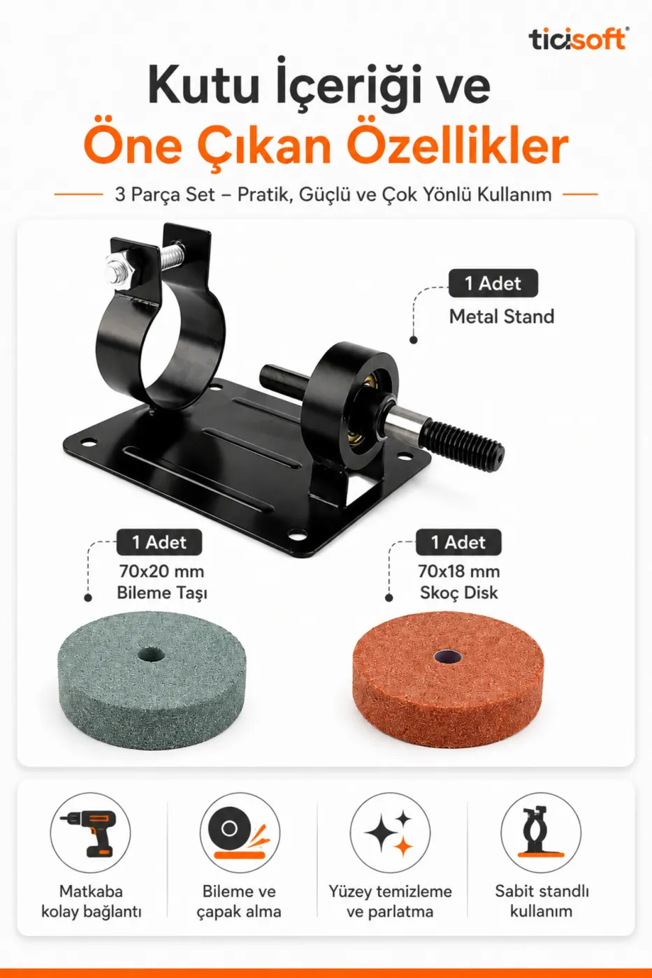Elektrikli Matkap Uyumlu Sabit Bileme Stand Skoç Disk ve Bileme Taşı Seti 3 Parça