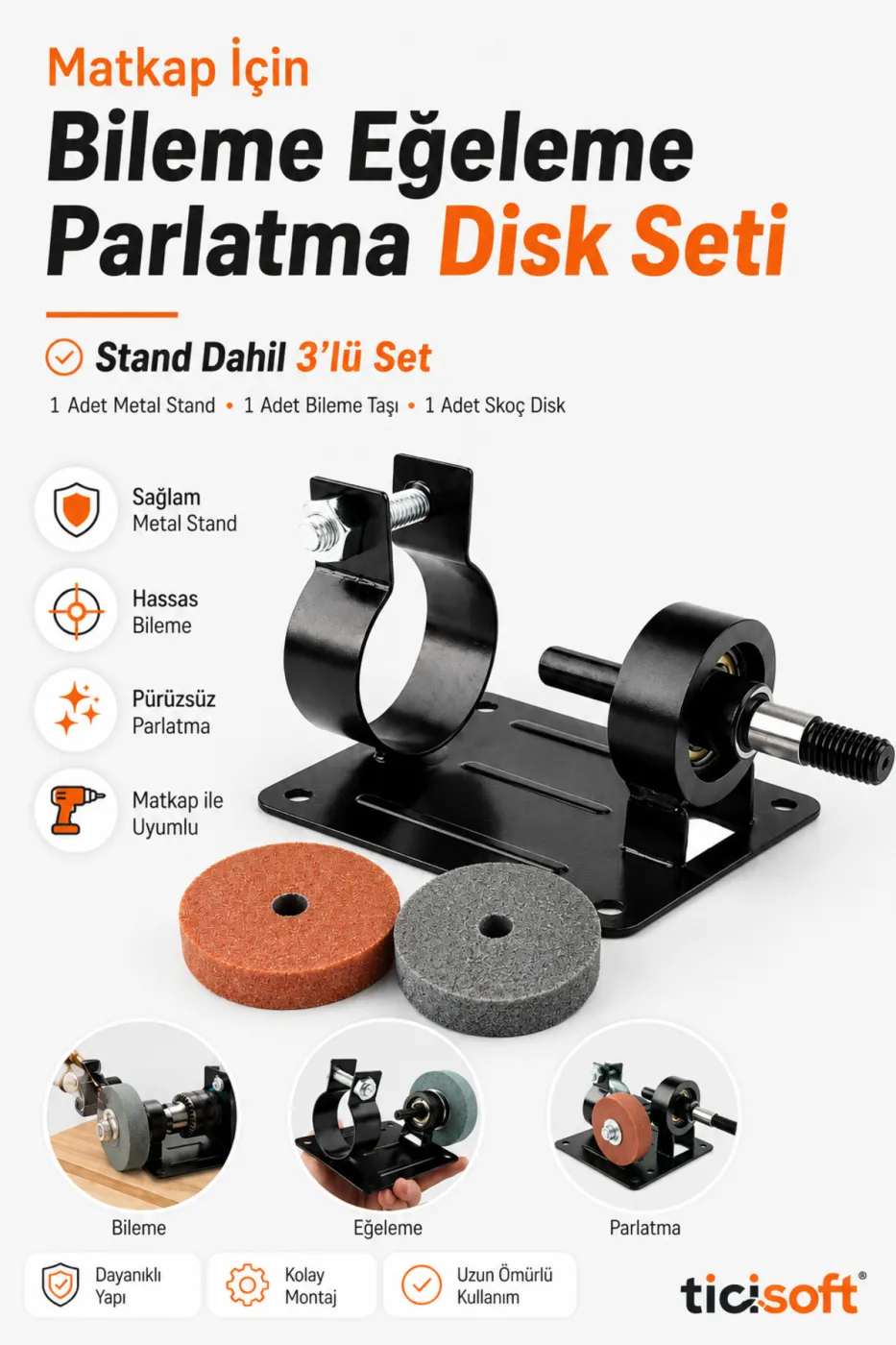 Elektrikli Matkap Uyumlu Sabit Bileme Stand Skoç Disk ve Bileme Taşı Seti 3 Parça