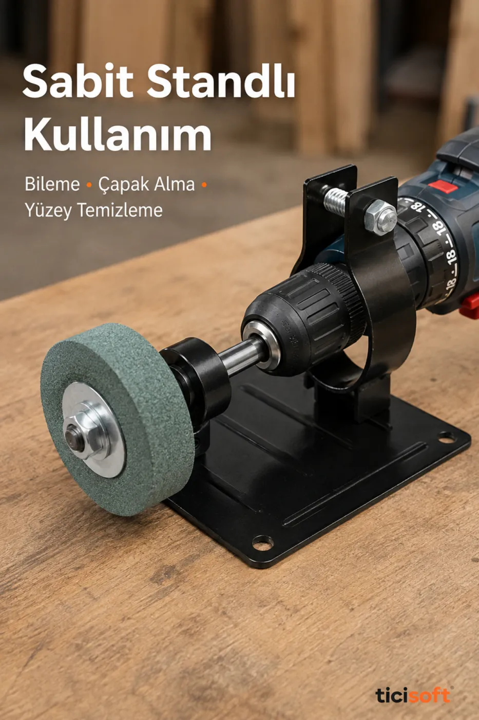 Elektrikli Matkap Uyumlu Sabit Bileme Stand Skoç Disk ve Bileme Taşı Seti 3 Parça