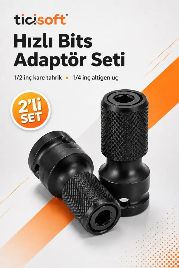 Darbeli Somun Sökme İçin Mandrenli Bits Adaptörü 1/2 Kare – 1/4 Hex 2’li Set