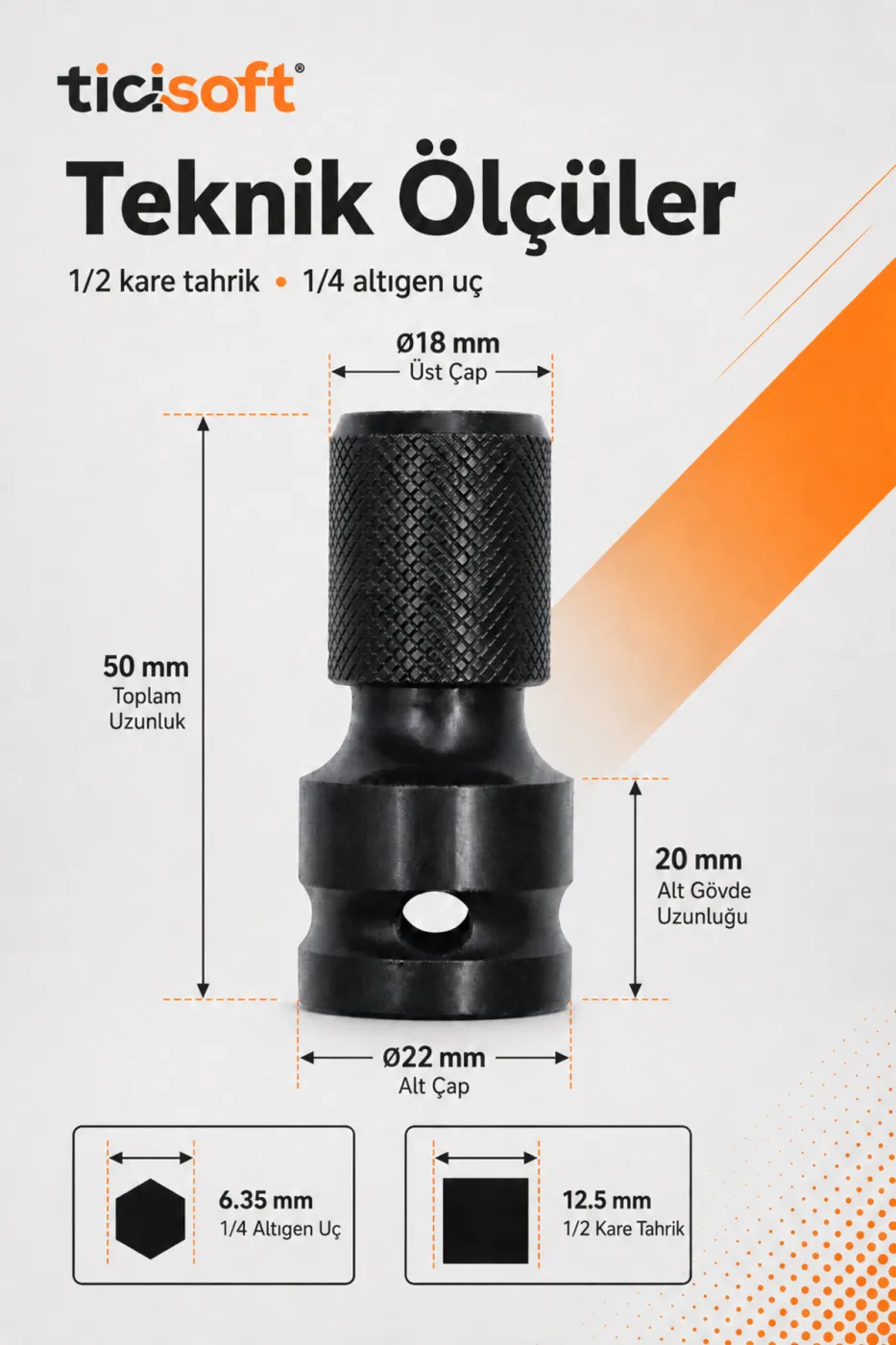 Darbeli Somun Sökme İçin Mandrenli Bits Adaptörü 1/2 Kare – 1/4 Hex 2’li Set