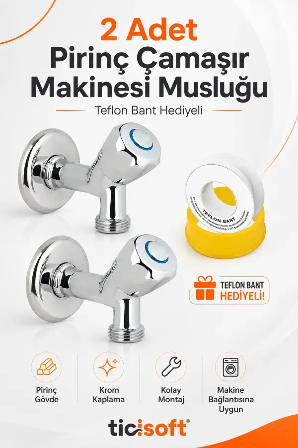2’li Çamaşır Makinesi Musluğu Seti Pirinç Gövde Krom Kaplama Teflon Bantlı