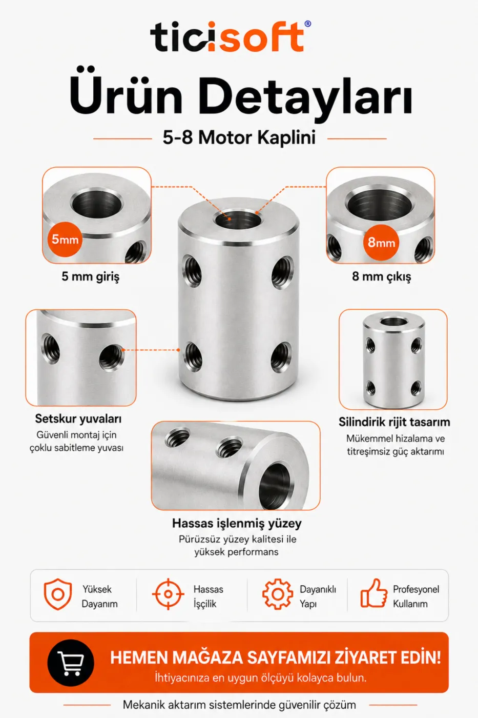 5-8 Motor Kaplini Sabit Şaft Bağlantı Kaplin Motor Pimi Çoğaltıcı Metal Çelik 4 M4 Vidalı Alyanlı