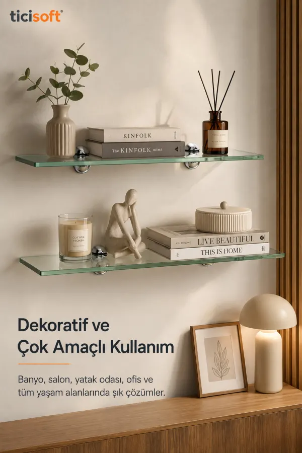 Banyo Cam Rafı 2’li Set 50x12 cm Krom Montaj Aparatlı Duvar Rafı