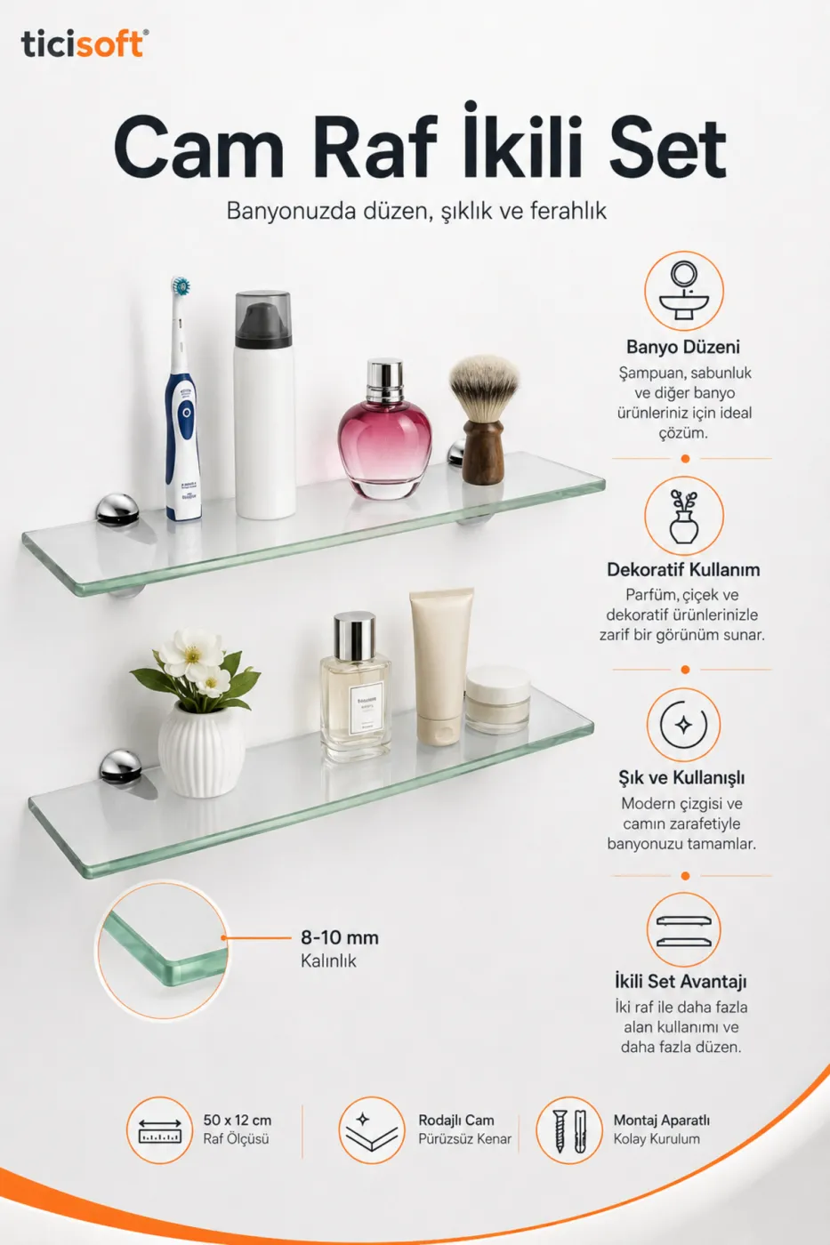Banyo Cam Rafı 2’li Set 50x12 cm Krom Montaj Aparatlı Duvar Rafı