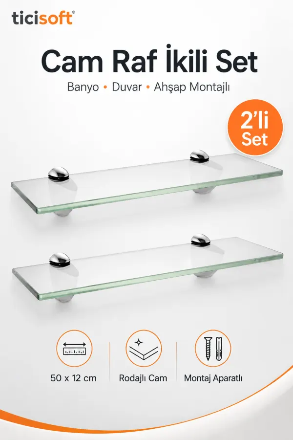 Banyo Cam Rafı 2’li Set 50x12 cm Krom Montaj Aparatlı Duvar Rafı