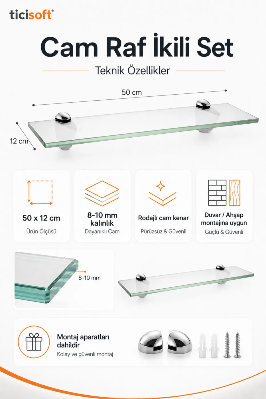 Banyo Cam Rafı 2’li Set 50x12 cm Krom Montaj Aparatlı Duvar Rafı