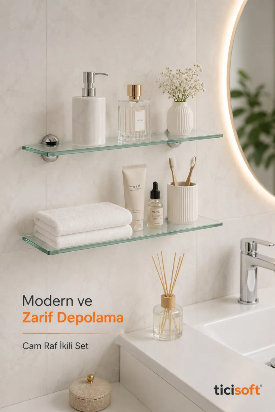 Banyo Cam Rafı 2’li Set 50x12 cm Krom Montaj Aparatlı Duvar Rafı