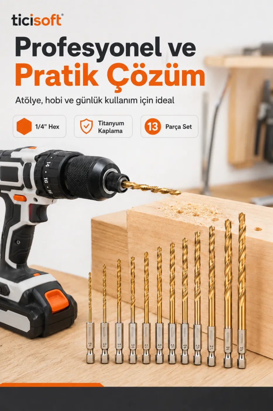 13 Parça Titanyum Kaplı HSS Matkap Ucu Seti 1/4 İnç Hex Şaft 1,5–6,5 mm