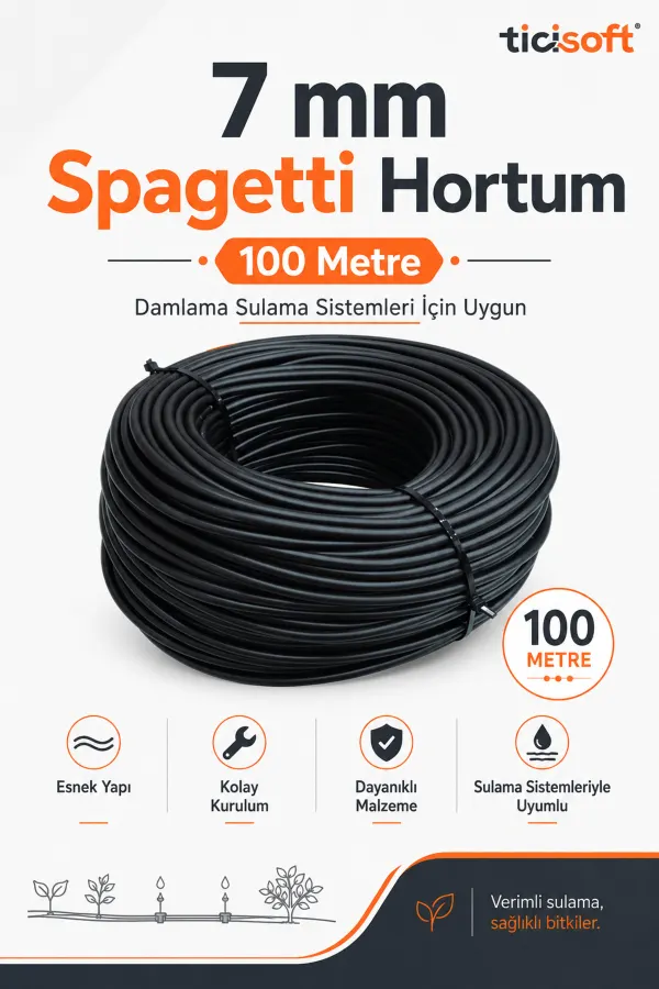 100 Metre 7 mm Spagetti Hortum Damla Sulama ve Mikro Sulama Sistemleri İçin Esnek Siyah Hortum