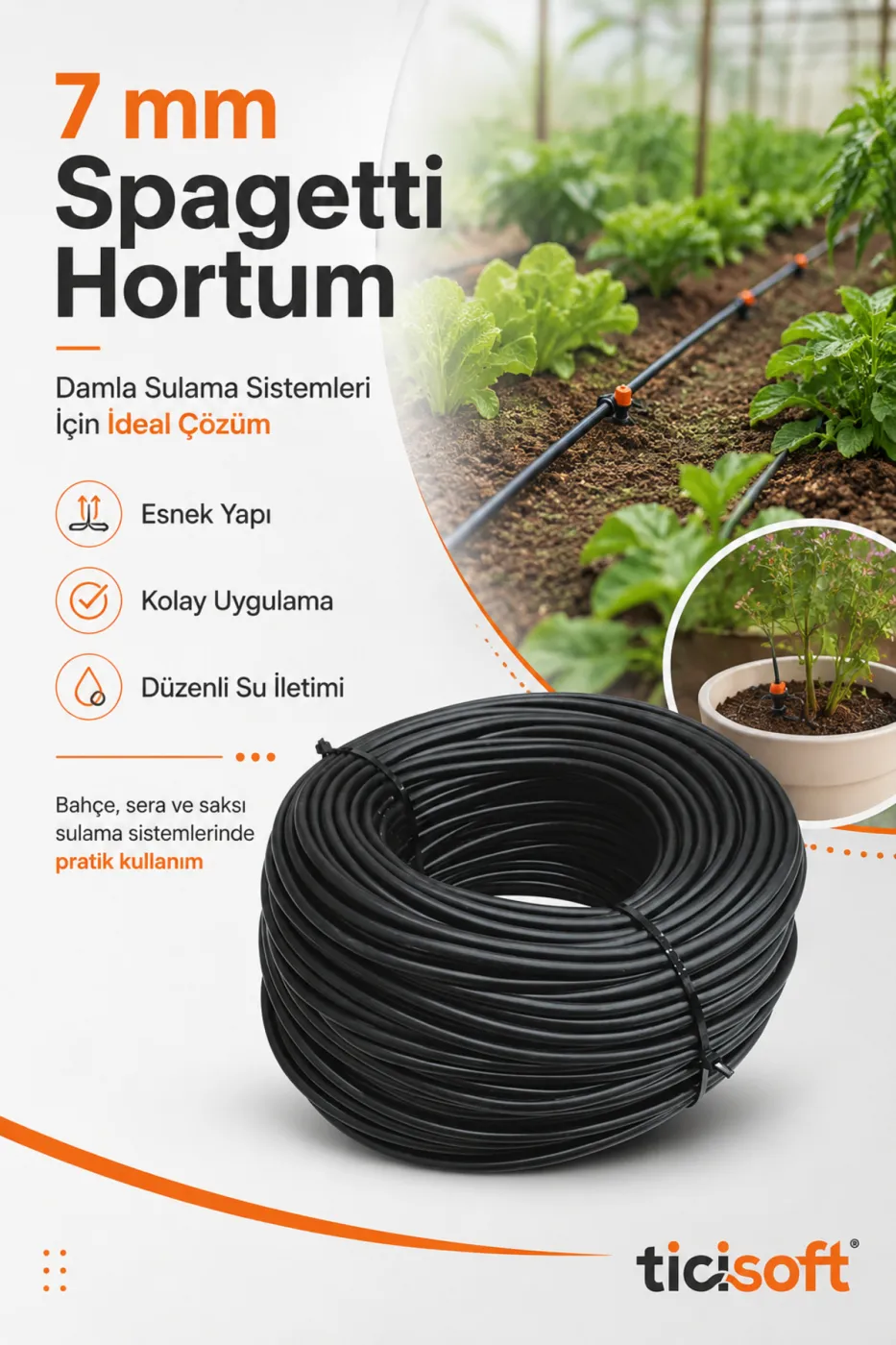 10 Metre 7 mm Spagetti Hortum Damla Sulama ve Mikro Sulama Sistemleri İçin Esnek Siyah Hortum