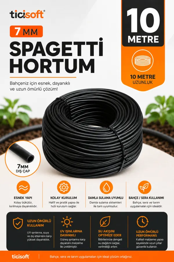 10 Metre 7 mm Spagetti Hortum Damla Sulama ve Mikro Sulama Sistemleri İçin Esnek Siyah Hortum