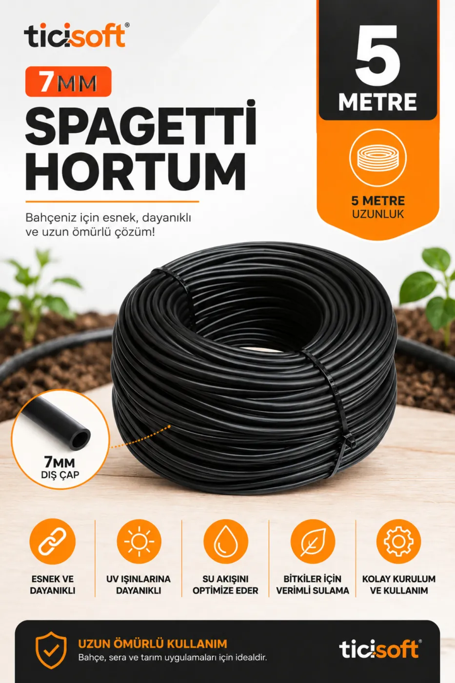 5 Metre 7 mm Spagetti Hortum Damla Sulama ve Mikro Sulama Sistemleri İçin Esnek Siyah Hortum