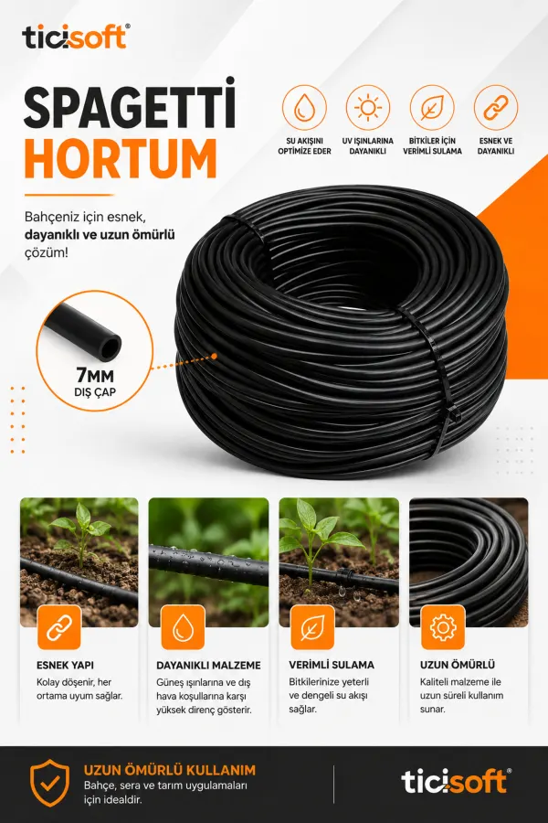 5 Metre 7 mm Spagetti Hortum Damla Sulama ve Mikro Sulama Sistemleri İçin Esnek Siyah Hortum