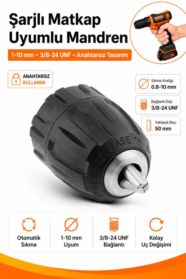 1-10 mm Anahtarsız Matkap Mandreni 3/8-24 UNF Şarjlı Matkap Uyumlu Otomatik Mandren