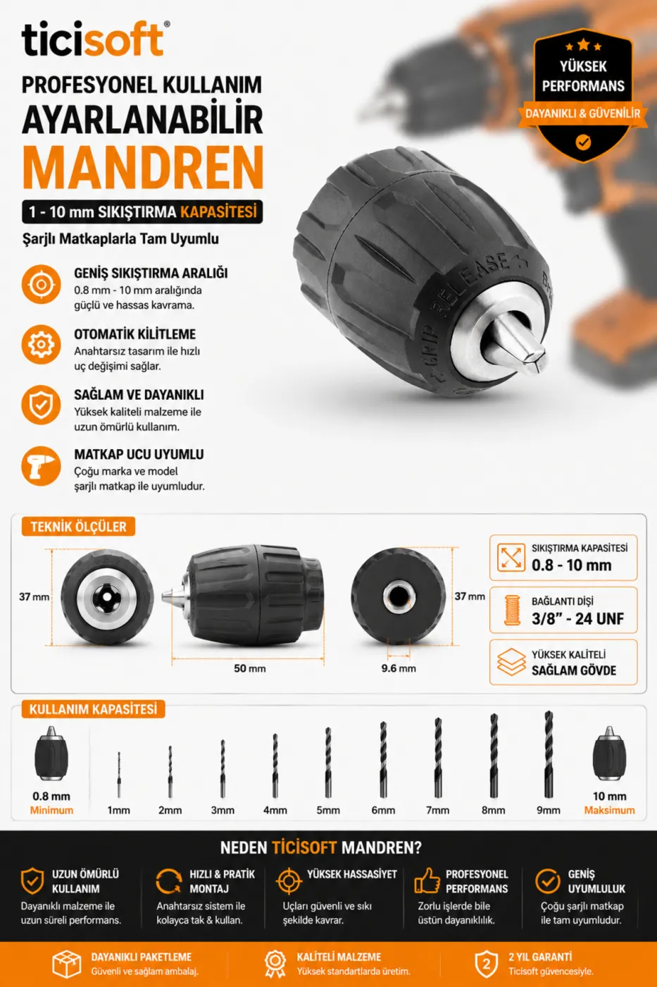 1-10 mm Anahtarsız Matkap Mandreni 3/8-24 UNF Şarjlı Matkap Uyumlu Otomatik Mandren