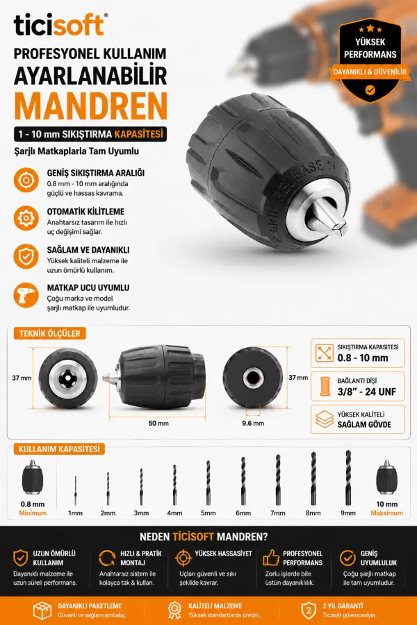 1-10 mm Anahtarsız Matkap Mandreni 3/8-24 UNF Şarjlı Matkap Uyumlu Otomatik Mandren
