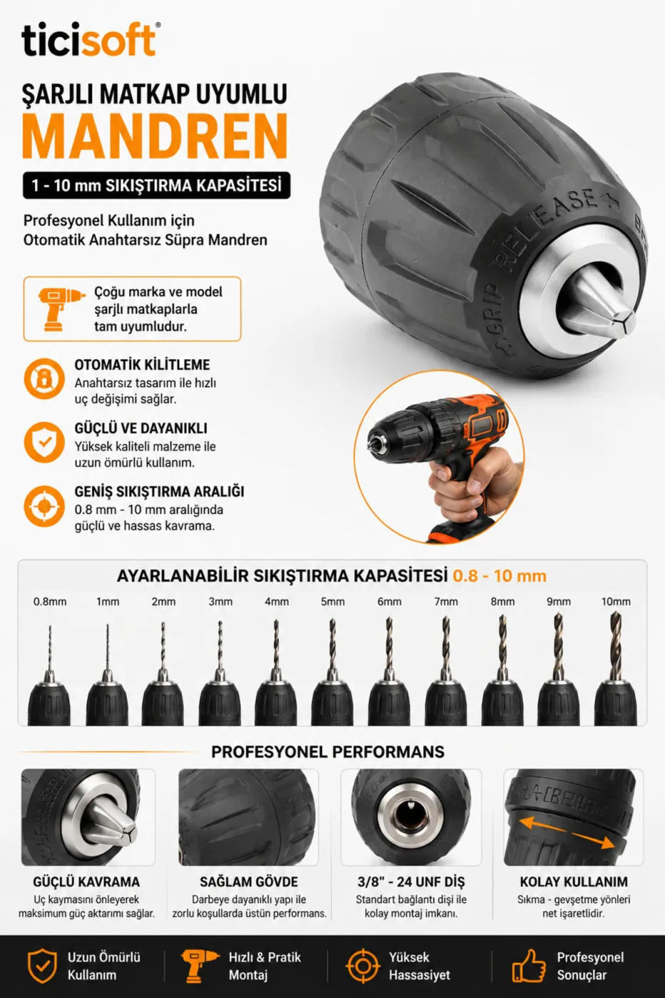 1-10 mm Anahtarsız Matkap Mandreni 3/8-24 UNF Şarjlı Matkap Uyumlu Otomatik Mandren