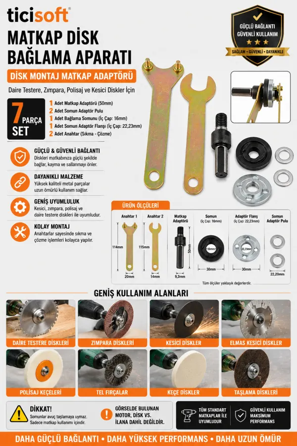 Matkap Disk Bağlama Aparatı 7 Parça Set – 16 mm ve 22,23 mm Disk Montaj Adaptörü