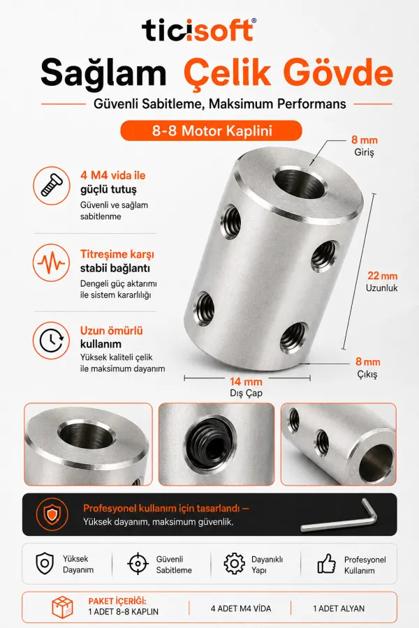8-8 Motor Kaplini Sabit Şaft Bağlantı Kaplin Motor Pimi Çoğaltıcı 8mm Çelik 4 M4 Vidalı Alyanlı