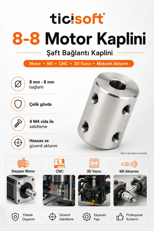 8-8 Motor Kaplini Sabit Şaft Bağlantı Kaplin Motor Pimi Çoğaltıcı 8mm Çelik 4 M4 Vidalı Alyanlı