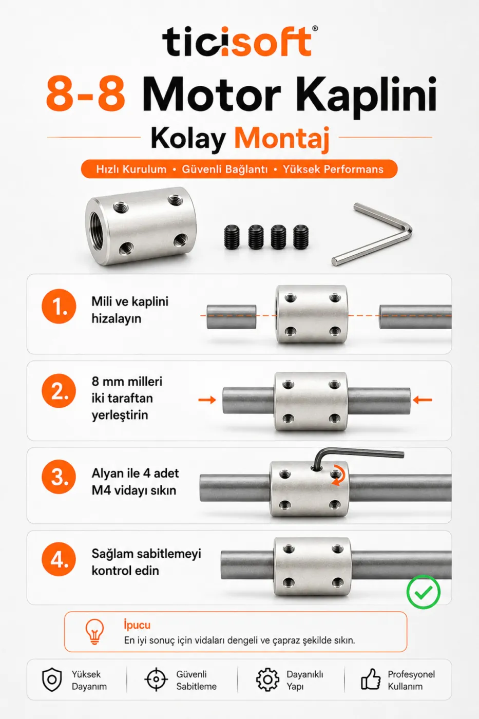8-8 Motor Kaplini Sabit Şaft Bağlantı Kaplin Motor Pimi Çoğaltıcı 8mm Çelik 4 M4 Vidalı Alyanlı