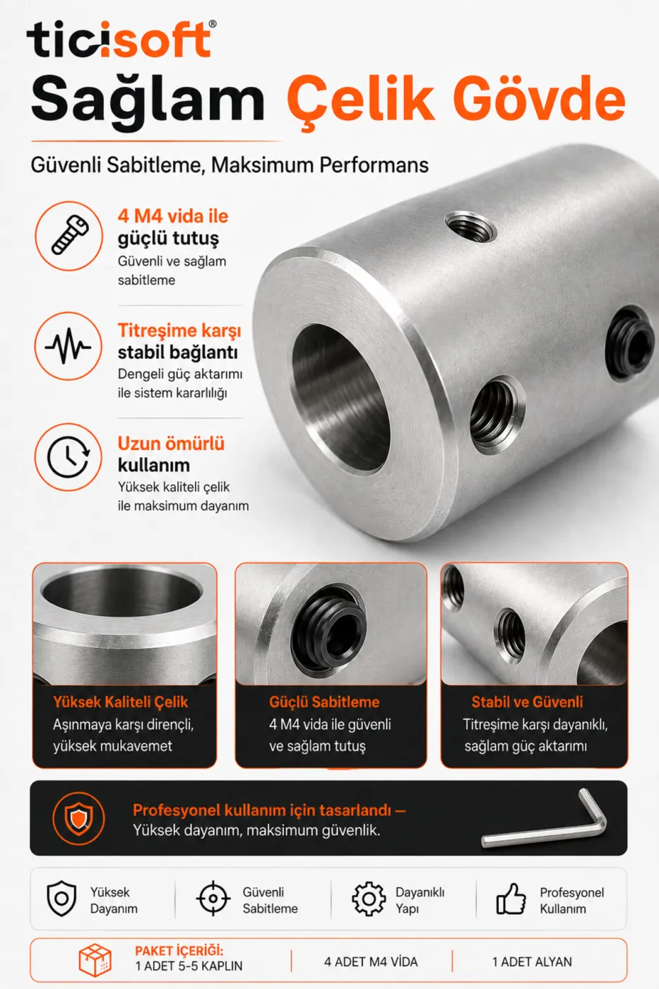 8-8 Motor Kaplini Sabit Şaft Bağlantı Kaplin Motor Pimi Çoğaltıcı 8mm Çelik 4 M4 Vidalı Alyanlı