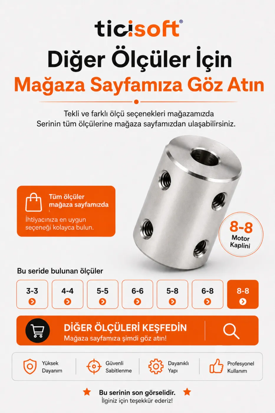8-8 Motor Kaplini Sabit Şaft Bağlantı Kaplin Motor Pimi Çoğaltıcı 8mm Çelik 4 M4 Vidalı Alyanlı