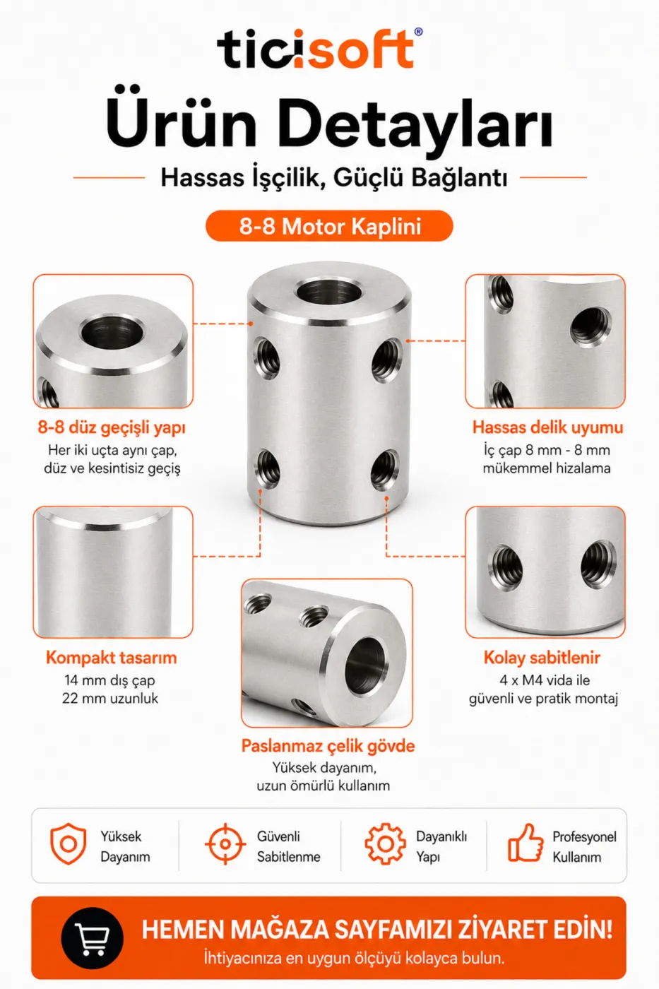 8-8 Motor Kaplini Sabit Şaft Bağlantı Kaplin Motor Pimi Çoğaltıcı 8mm Çelik 4 M4 Vidalı Alyanlı