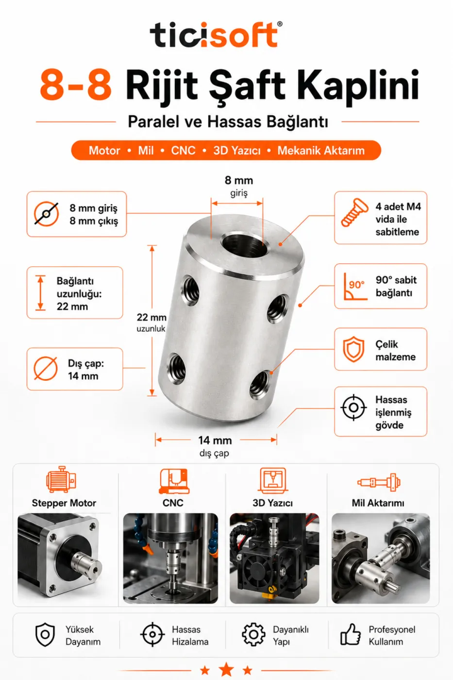 8-8 Motor Kaplini Sabit Şaft Bağlantı Kaplin Motor Pimi Çoğaltıcı 8mm Çelik 4 M4 Vidalı Alyanlı