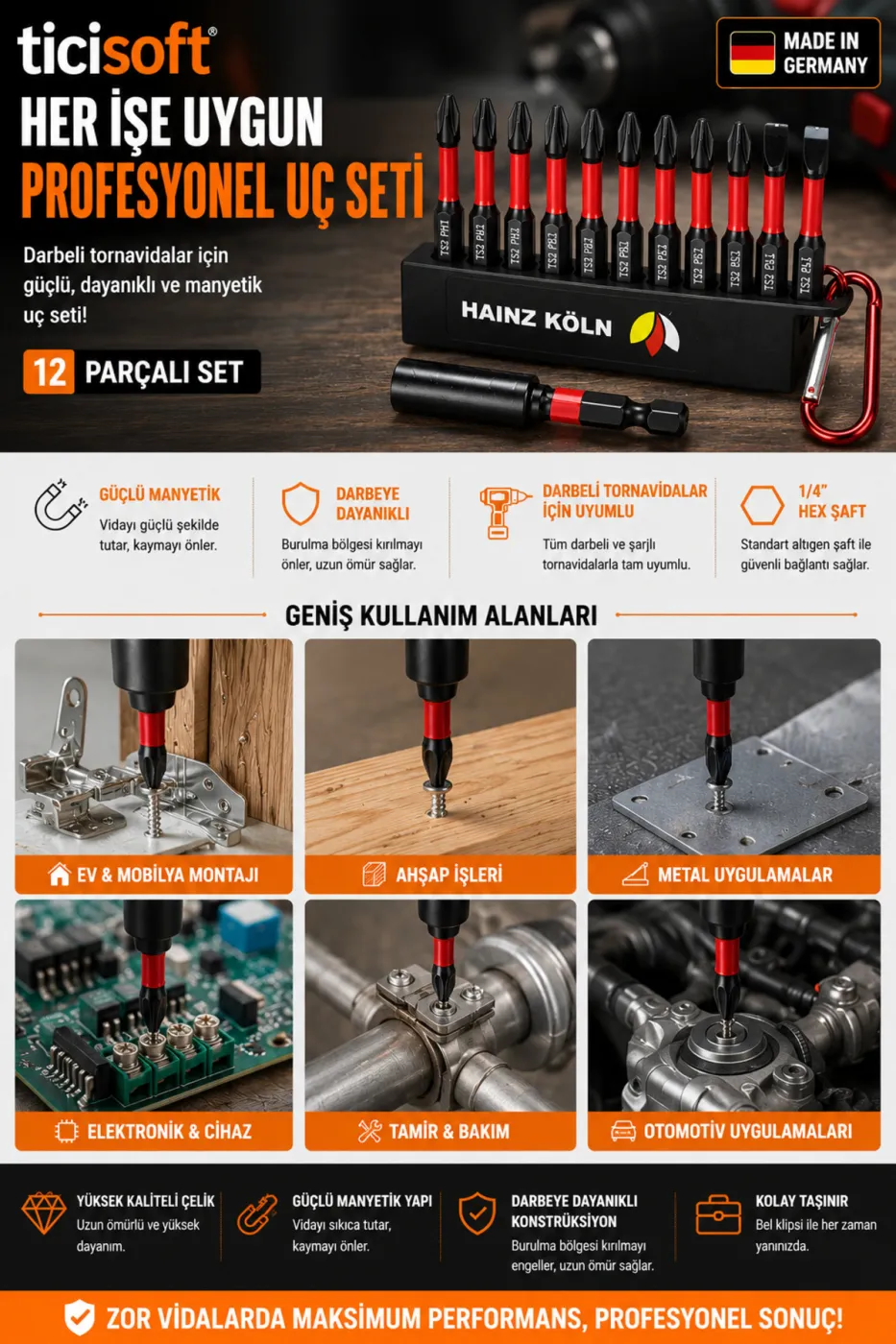 Yıldız ve Düz Vidalama Uç Seti 10’lu Bits + Manyetik Uzatma Adaptörü + Taşıma Klipsi 12 Parça