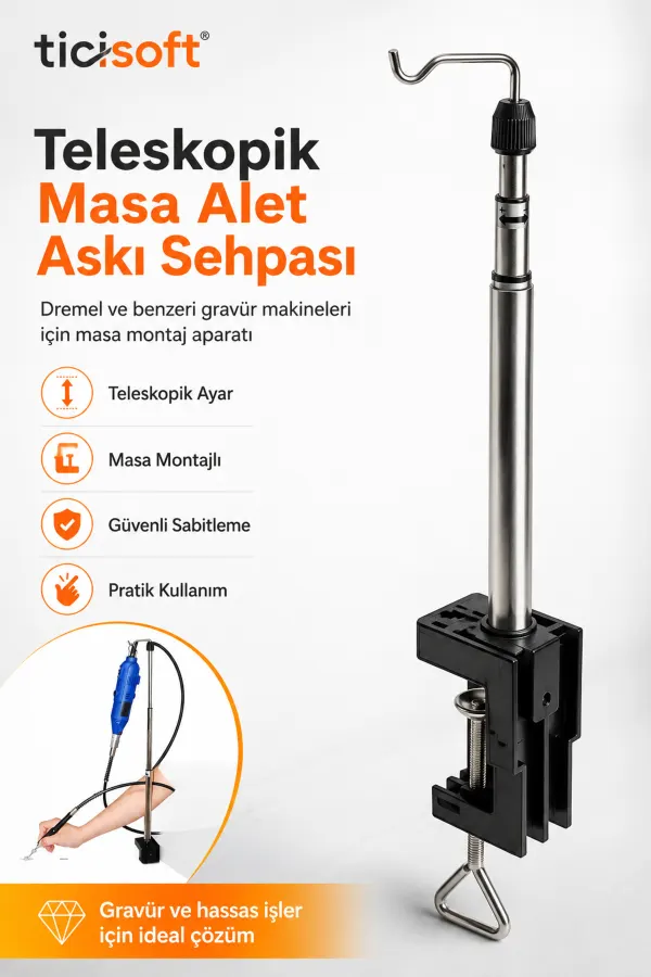 Dremel Uyumlu Teleskopik Gravür Makinesi Askı Standı – Masa Montajlı Ayarlanabilir Sehpa