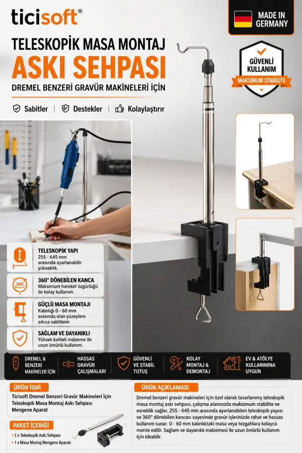 Dremel Uyumlu Teleskopik Gravür Makinesi Askı Standı – Masa Montajlı Ayarlanabilir Sehpa