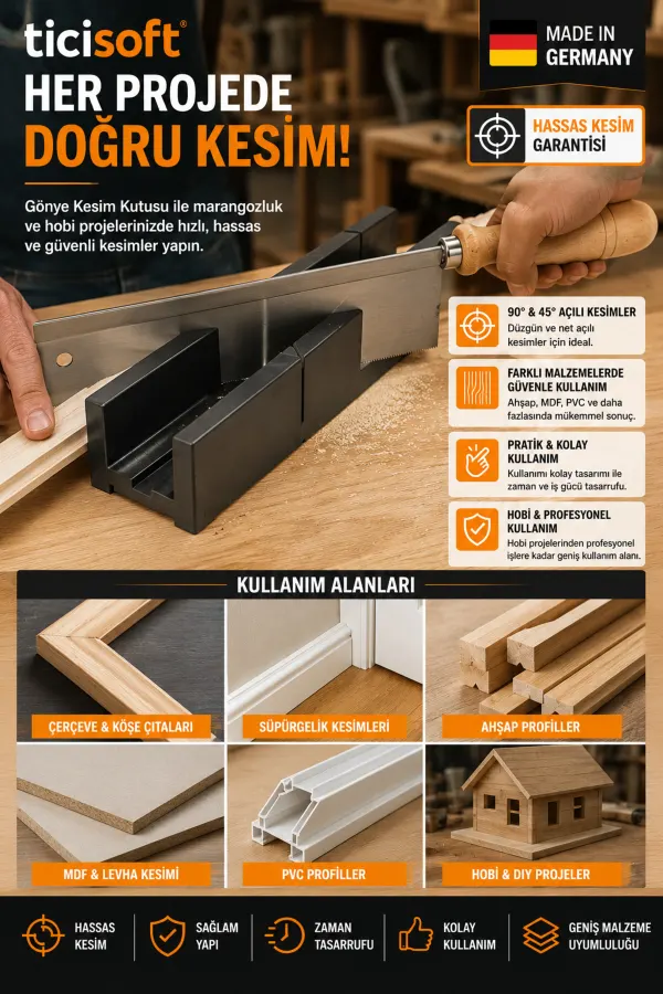 Marangoz Gönye Kesme Kutusu 45 ve 90 Derece Kesim Aparatı Ahşap Saplı Testere Seti
