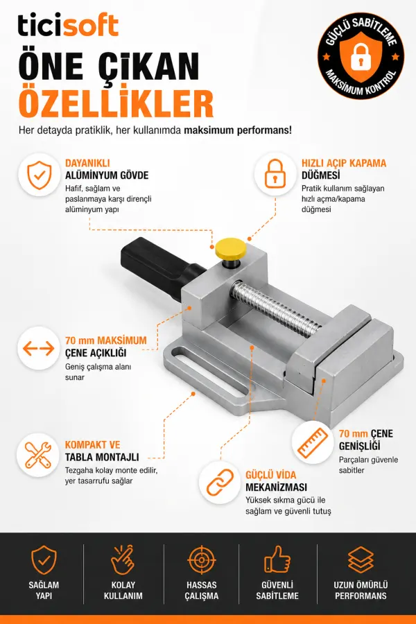 Mini Matkap Tezgâhı Mengenesi Alüminyum Gövde Hızlı Açma Düğmeli 70 mm Çene