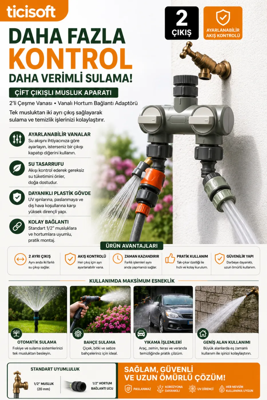 Çift Çıkışlı Musluk Adaptörü 2 Yollu Bağımsız Vanalı Hortum Bağlantı Aparatı Bahçe Sulama Dağıtıcı