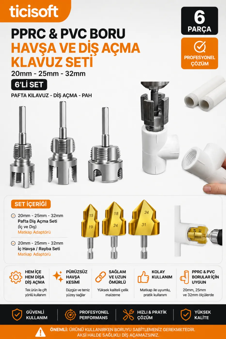 PPRC PVC Boru İç Dış Diş Açma Pafta ve Havşa Rayba Seti 20 mm 25 mm 32 mm 6 Parça Matkap Adaptörlü