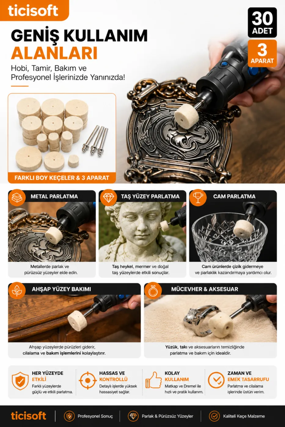 Polisaj Keçesi Seti 13/25/30 mm Yün Cila Parlatma Ucu Matkap Dremel Uyumlu 30 Keçe 3 Mandren