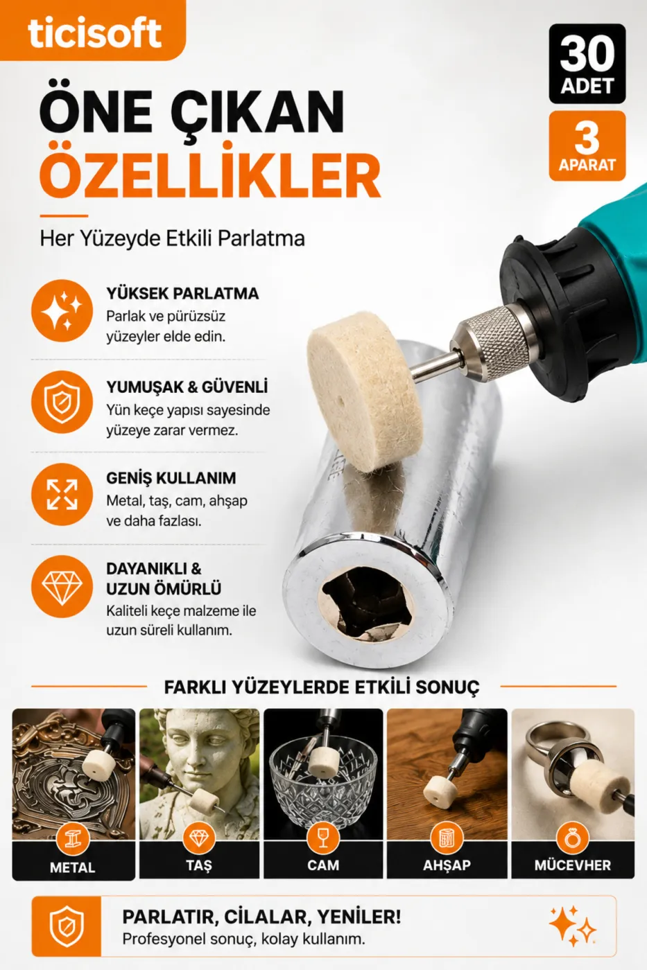 Polisaj Keçesi Seti 13/25/30 mm Yün Cila Parlatma Ucu Matkap Dremel Uyumlu 30 Keçe 3 Mandren