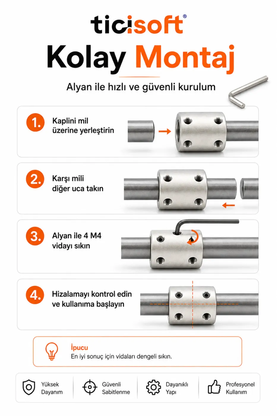 6-6 Motor Kaplini Sabit Şaft Bağlantı Kaplin Motor Pimi Çoğaltıcı 6mm Çelik 4 M4 Vidalı Alyanlı