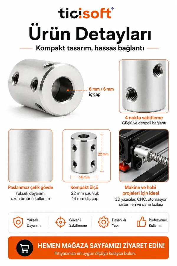 6-6 Motor Kaplini Sabit Şaft Bağlantı Kaplin Motor Pimi Çoğaltıcı 6mm Çelik 4 M4 Vidalı Alyanlı