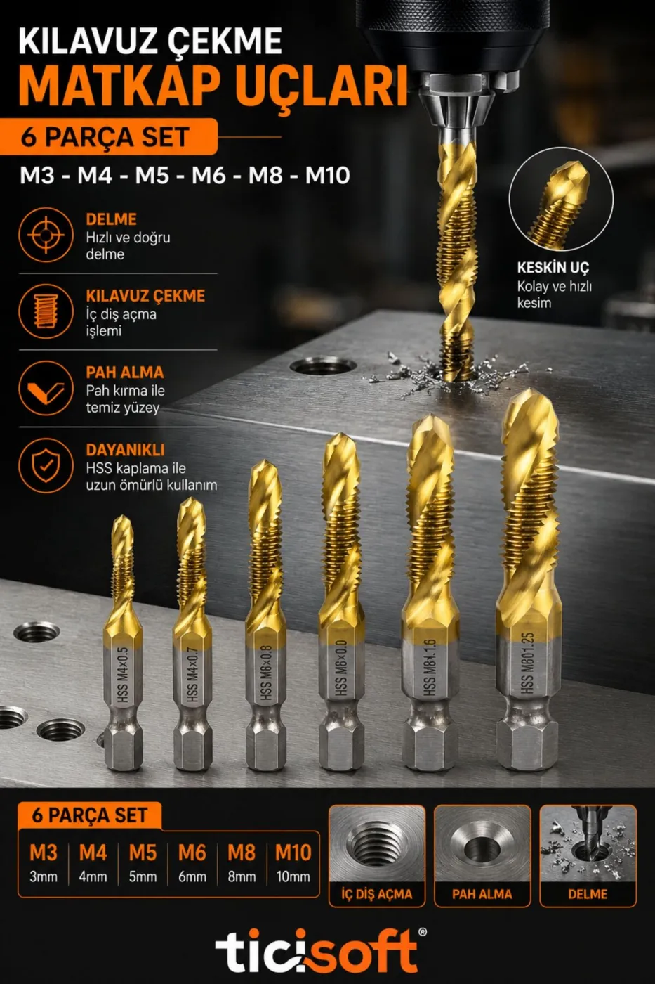 6 Parça Kılavuz Çekme Matkap Ucu Seti M3-M10 HSS Titanyum Kaplama 1/4 Bits Uçlu Delme ve Diş Açma Seti