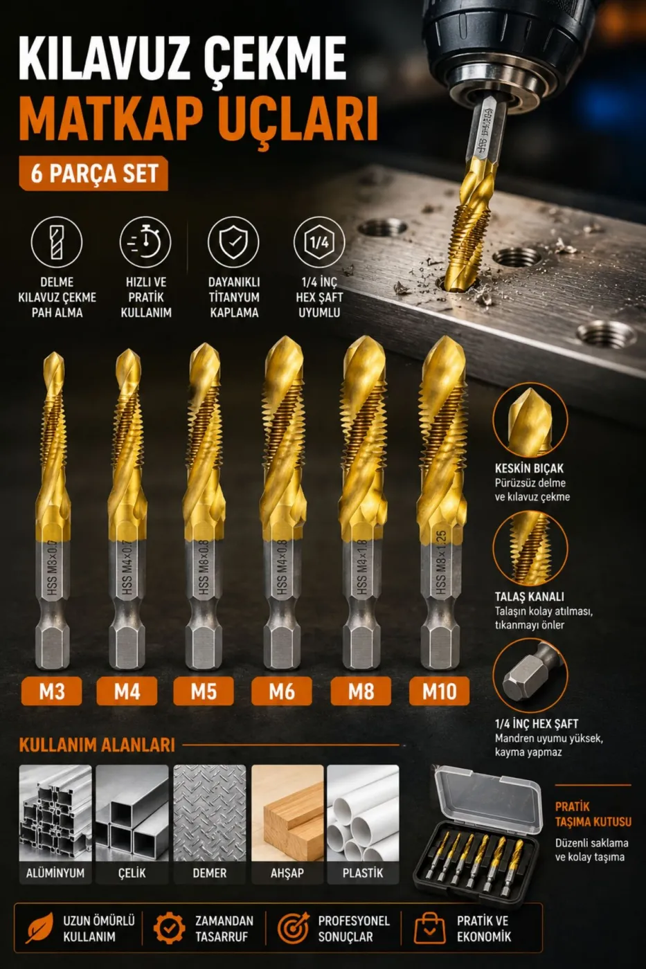 6 Parça Kılavuz Çekme Matkap Ucu Seti M3-M10 HSS Titanyum Kaplama 1/4 Bits Uçlu Delme ve Diş Açma Seti
