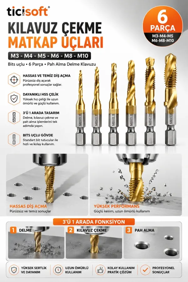 6 Parça Kılavuz Çekme Matkap Ucu Seti M3-M10 HSS Titanyum Kaplama 1/4 Bits Uçlu Delme ve Diş Açma Seti