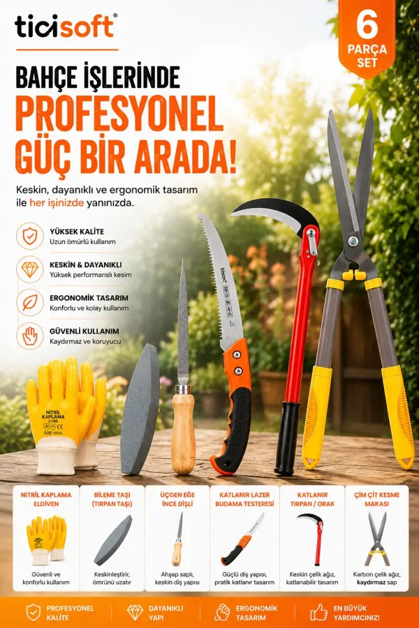 6 Parça Bahçe ve Tarla Bakım Seti Çim Çit Makası Katlanır Orak Katlanır Testere Eğe Taş Eldiven