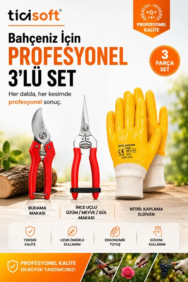 Profesyonel Bahçe Budama Seti Budama Makası Gül Makası Eldivenli 3'lü Set